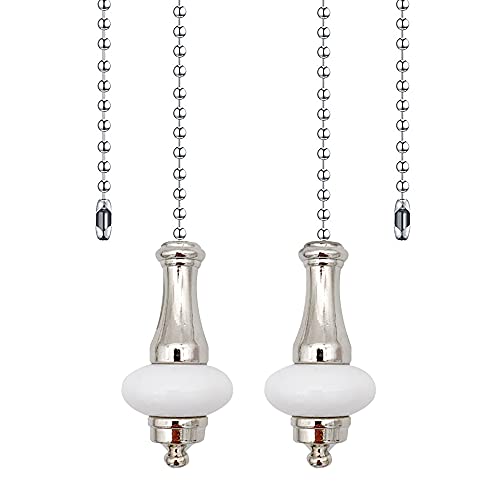 Image of Ceramic Ceiling Fan Pull Chain Set, 2Pieces Silver Decorative Fan Pull Chain Pendant Extension, 12 Inches Lighting & Fan Beaded Ball Fan Cord Extender with Connector(White)