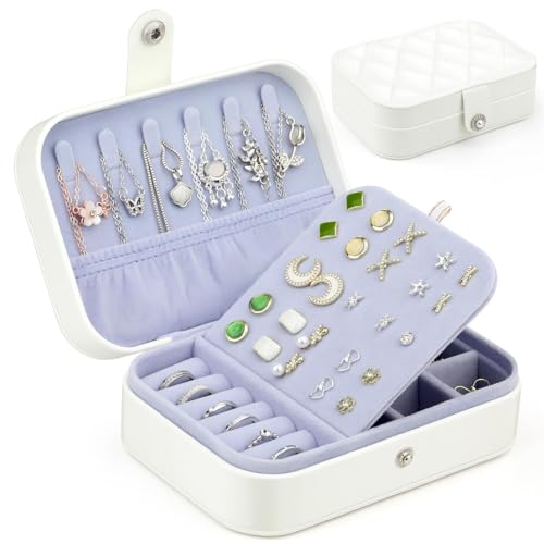 GlasFlength Boite a Bijoux pour Femmem, Portable Boite Bijoux Voyage Cuir PU Coffret Bijoux Femme Double Couche Boite Rangement Bijoux pour Bagues Boucles D'oreilles Colliers Bracelets (Blanc)