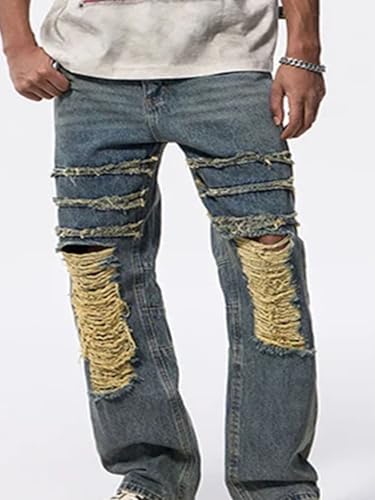 Men’S Retro Loose Straight Patchwork Denim Trousers Slim Fit Button Fly Distressed Stone Washed Full Length Jeans4
