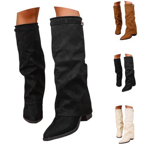 Image of 2026 Women's Suede Slouchy Knee High Boots Wide Calf, Fold Over Pull On Pointed Toe Chunky Block Heel Platform, Stretch Fit Mid Calf Ankle Boots for Autumn Winter Casual Outdoor Wear Black