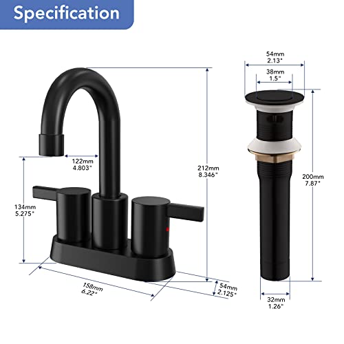 Phiestina BF15-1-MB 4 Inch 2 Handle Centerset Matte Black Lead-Free Modern Bathroom Faucet thumb #5