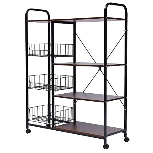 4 Tier Kitchen Shelves Cart and 3 Metal Basket Baker\'s Rack Microwave Oven Stand Storage Shelf Kitchen Island Storage Shelf Cart Microwave Oven Rack 1.5\" L*11.8\" W*40.6\" H