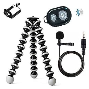 PKST Gorillapod Flexible Tripod 12 inch (30 cm) with Mobile Monopod Holder & Collar Mic,Selfi Remote for DSLR, Action Cameras, Gopro & Smartphones (Tripod Gorilla Combo)
