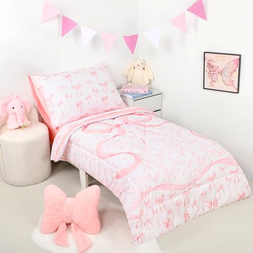 Image of 4 Piece Toddler Bedding Set, Ultra Soft and Breathable Toddler Comforter Sets for GirlsIncludes Quilted Comforter, Fitted Sheet, Flat Sheet and Pillowcase, Pink Bow