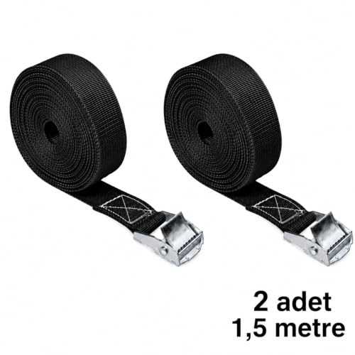 Siyah Polyester Bağlama Kayışı, 2 Adet, 1,5 Metre x 2,5 cm, Metal Sabitleme Aparatlı