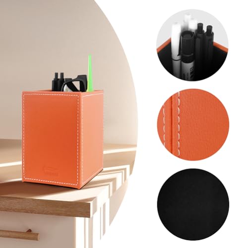 Image of Pen Pencil Holder Cup Container PU Leather Desk Organizer Stand Decor Brush Scissor Holder Decoration Office Desk Home School (Orange, 3.54 inch x 3.54 inch x 4.72 inch)