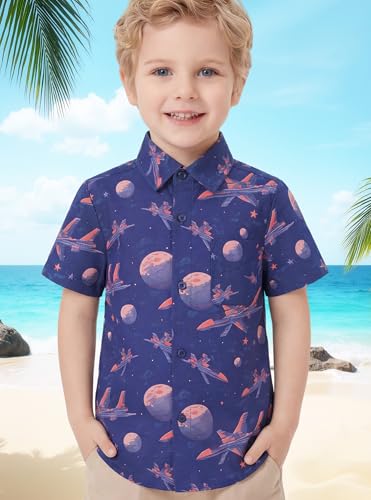 Image of Boys Hawaiian Button Down Shirt, Pure Combed Cotton Short Sleeve Size 3-15Y | Pure Combed Cotton, Smooth 60s yarn, Tagless Label, Pilling-Resistant, Shrink-Resistant, Fade-Resistant, Machine Washable