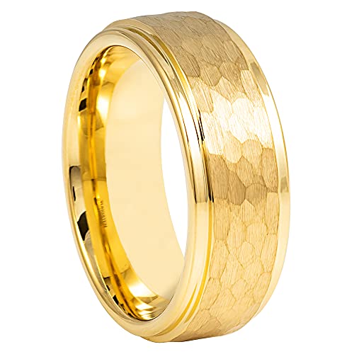Yellow Gold Ion-plated Hammered Center Stepped Edge Comfort Fit Unisex Tungsten Ring Wedding Band Anniversary Band Engagement Band