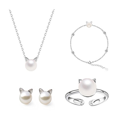 Lovely Pearl Cat Charm Bracelet Stud Earrings Rings Necklace Gift for Little Girl Jewelry
