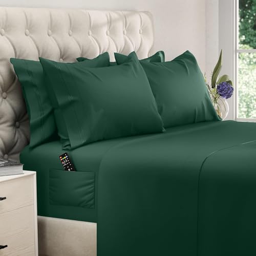 Image of DREAMCARE California King Sheet Sets - 6 pcs Breathable Cooling Sheets | up to 21 inch Extra Deep California King Sheets with Side Pockets -Extra Soft 100% Double Brushed Hotel Luxury Bedding EmrldGreen