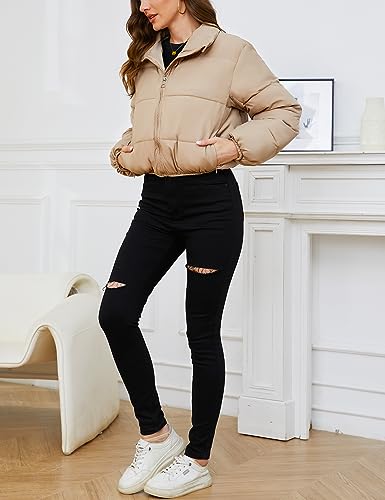 Gihuo Women’s Stylish Khaki Cropped Puffer Jacket for Winter Warmth with Zip Pockets - Image 4