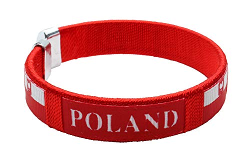 Polish Red Colored Wristband Bracelet Featuring Poland Word Design with Alternating Eagle Flag Around and Metal Ends - Patriotic Bracelets for Men & Women - Ideal for Polish