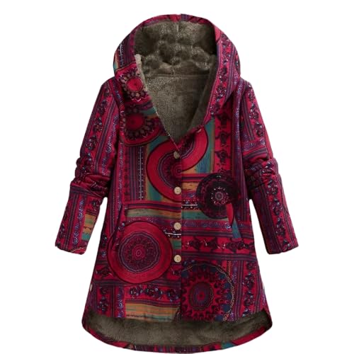 Akivide Women's Winter Ethnic Style Patchwork Sherpa Fleece Lined Hooded Jacket Plus Size Fluffy Warm Outwear with Pockets