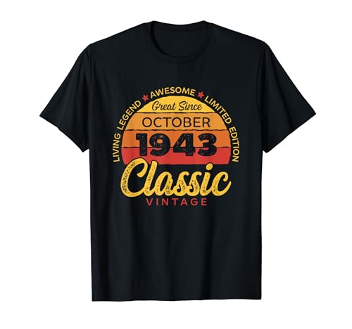80 cumpleaños Retro Octubre 1943 Vintage Bday Classic Camiseta