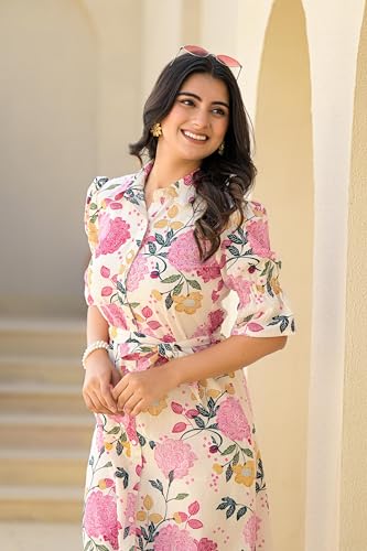 Image of Juniper Pink Floral Printed Cotton Long Dress with Belt