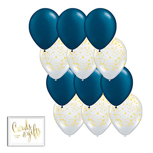Andaz Press 11-inch Latex Balloon Duo Party Kit with Gold Cards & Gifts Sign, Navy Blue and Clear with Gold Stars, 12-pk, To the Moon and Back Boy Baby Shower Decorations
