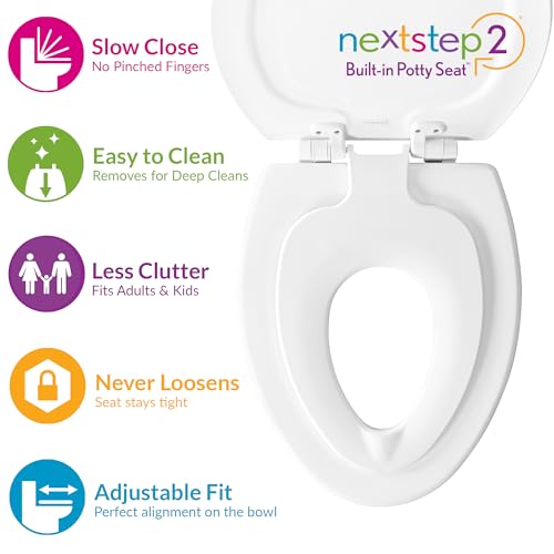 Mayfair NextStep2 Slow-Close Toilet Seat with Built-In Toddler Potty Training Seat, Removable, White, Elongated - Thumbnail 2