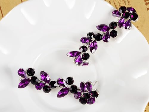 Alilang Metal Tone Grape Colored Stone Embellished Flower Leaves Dangling Earrings2