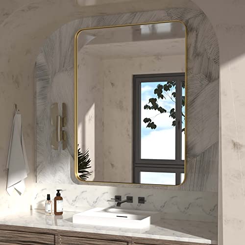 Gold Bathroom Mirror, 16X24 Inch Stainless Steel Frame Vanity Mirror, Rounded Corner Rectangle Modern Mirror, Vertical Or Horizontal Hanging Mirrors For Wall Decor, Bedroom, Living Room #TOP5