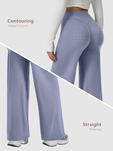 Straight Leg Leggings Women, Butt Lifting High Waisted Wide Leg Yoga Pants, No Front Seam Workout Gym Lounge Pants-Granite Blue-M — view 4
