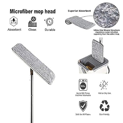 Image of Mop Heavy Quality Floor Mop with Bucket, Flexible Kitchen tap Flat Squeeze Cleaning Supplies 360 Flexible Head /2 Reusable Pads Clean Home Floor Cleaners