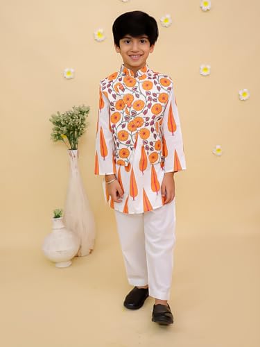 Image of The Mom Store Boys Printed Cotton Kurta Pajama Set With Jacket | Soft And Comfortable Ethnic Wear For Baby /Kids Boys | Full Sleeves Kurta Pyjama Set | Traditional Indian Outfit