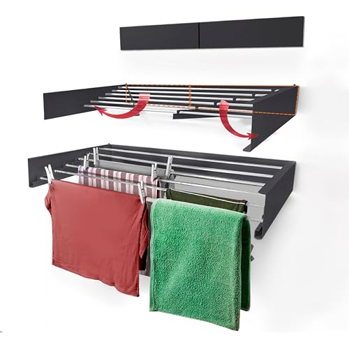 HYK Wall Mounted Clothes Airer - Foldable Clothes Drying Rack - 35kg Capacity - Indoor & Outdoor Use Easy to Install - Retractable Drying Rack for Laundry, Bedroom, Garden (GRAY, 120 CM)