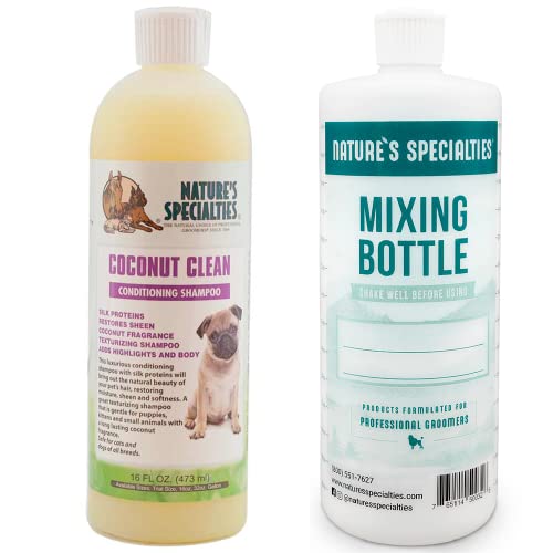 Image of Nature's Specialties Mixing Bottle and Dog Shampoo Concentrate Bundle, Easy to Read Measurements Mixing Bottle 32 oz, Coconut Clean Dog Shampoo Conditioner Concentrate 16 oz