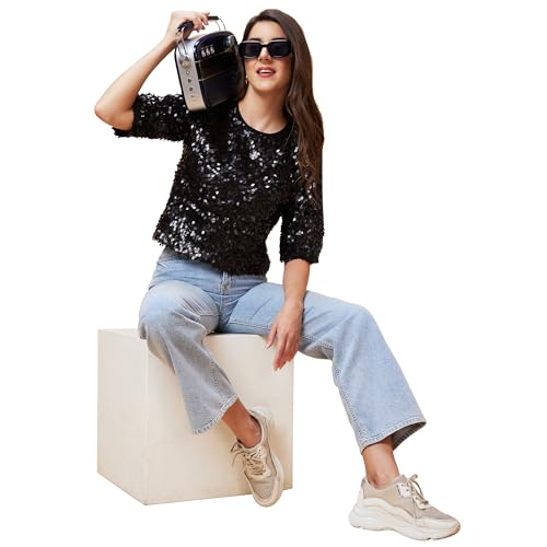 Image of Globus Women Black Embellished Round Neck Party Top-3639444001