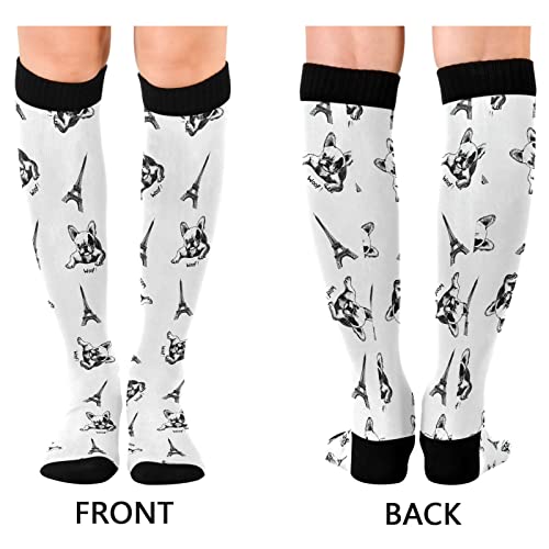 Image of Wusikd Eiffel Tower Compression Socks for Women and Men Circulation French Bulldog Long Socks for Athletic Running 1