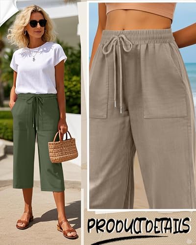 Riyiper 2 Pcs Women's Cotton Linen Wide Leg Capri Pants, Drawstring Casual Cropped Trousers Loose Palazzo Pants with Pockets(Army Green, Gray Coffee,XX-Large)3