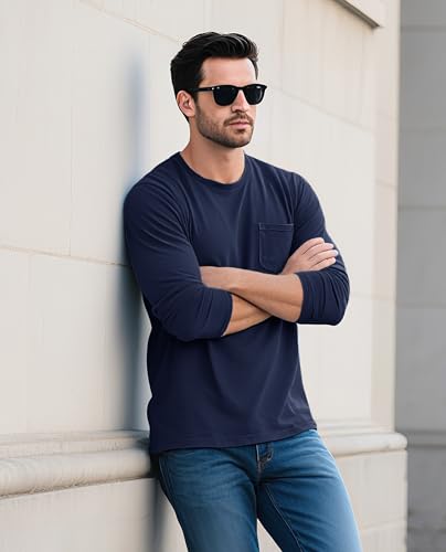 EKLENTSON Men's Cotton T-Shirts Long Sleeve Pocket Tee Crewneck Moisture Wicking Casual Tshirts Solid Color3