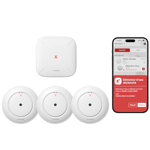 X-Sense Détecteur de Fuite d'eau Connecté avec Station de Base SBS50, Détecteur d'eau Wi-FI avec Alarme 110 DB, Portée Jusqu'à 500 m, Idéal pour Cuisines, sous-sols, Salles de Bains, SWS54