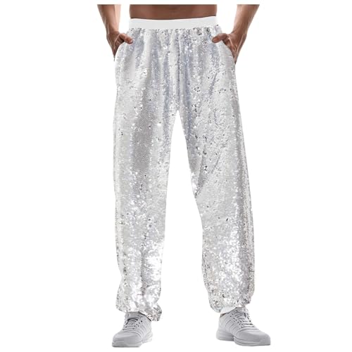 Tobysper Pantalones de discoteca brillantes para hombre, metálicos, para correr, pantalones largos de los años 70/80, pantalones de verano, carnaval, plata, S