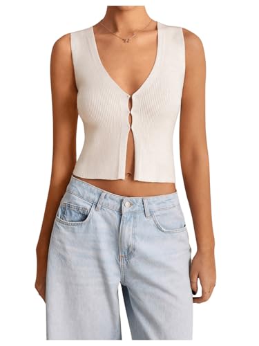 Image of SHENHE Women's Sleeveless Knitted V Neck Sweater Tank Split Hem Cropped Vest Cardigan Beige Small