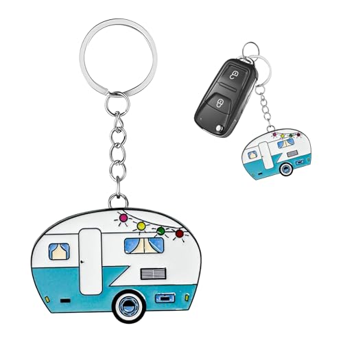 JUSTTOP Camper Keychain, Happy RV Camper Keyring Cute Key Holder, Camping Key Chain Charm Gift for Women Travel Trailers (Green)