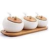 Porcelain Condiment Jar Spice Container with Lids - Bamboo Cap Holder Spot, Ceramic Serving Spoon, Wooden Tray - Best Pottery Cruet Pot for Your Home, Kitchen, Counter. White,170 ML (5.8 OZ), Set of 3 Porcelain Condiment Jar Spice Container with Lids - Bamboo Cap Holder Spot, Ceramic Serving Spoon, Wooden Tray - Best Pottery Cruet Pot for Your Home, Kitchen, Counter. White,170 ML (5.8 OZ), Set of 3