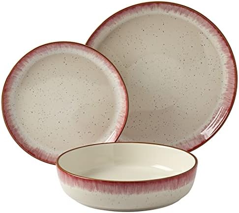Tabletops Gallery Speckled Farmhouse Collection- Stoneware Dishes Service for 4 Dinner Salad Appetizer Dessert Plate Bowls, 12 Piece Hanover Dinnerware Set in Berry