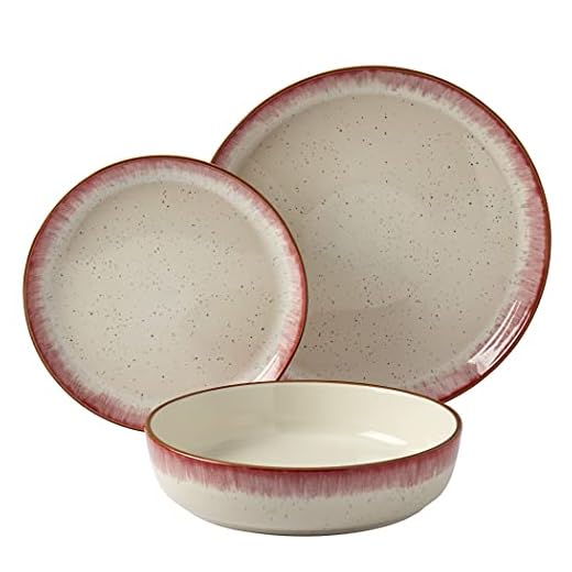 Tabletops Gallery Speckled Farmhouse Collection- Stoneware Dishes Service for 4 Dinner Salad Appetizer Dessert Plate Bowls, 12 Piece Hanover Dinnerware Set in Berry