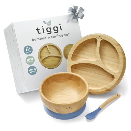 Bamboo Weaning Set by Tiggi Complete with Baby Plate Suction Bowl and Spoon Essential for 6 Months toToddler for Feeding (Dusky Blue)