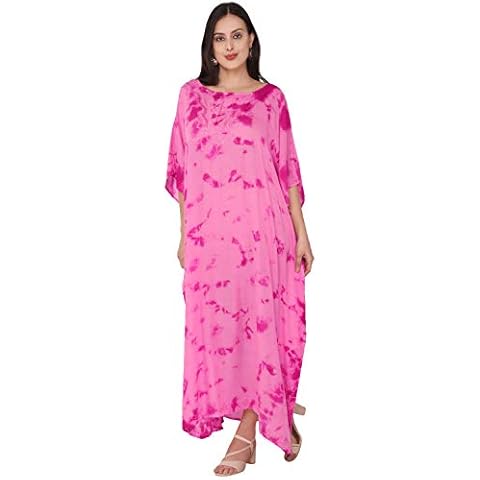 SKAVIJ Women's Tunic Rayon Embroidered Tie-Dye Maxi Dress Caftan Outfit (Free Size, Pink) Cover