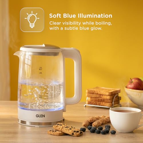 Image of Glen Electric Glass Tea Kettle 1.8 Litre, 1500W Fast Boiling Electric Kettle with 360 Rotational Base, Auto Shut-Off, Boil Dry Protection, Blue LED Light, Cordless Design, White (SA-9001)