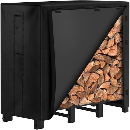Amagabeli Leñero Exterior con Cubierta, 122x36x107 cm, Acero Reforzado, Funda Impermeable 600D Oxford, para Jardín, Patio, Chimenea, Negro​