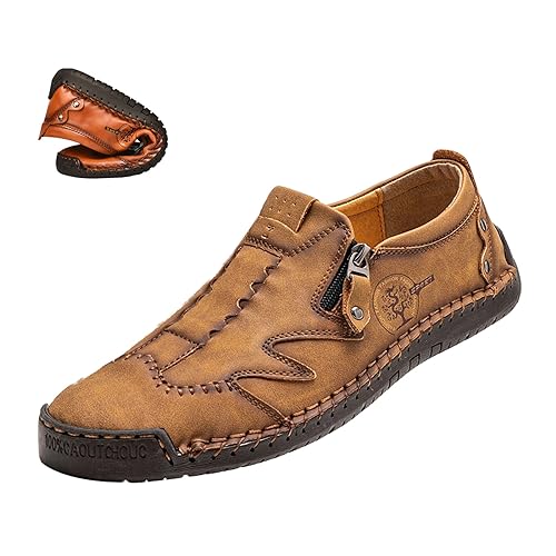 Men's Slip On Loafers Leather Casual Shoes,Lightweight Comfy Vintage Hand-Stitching Zip Driving Walking Sneakers