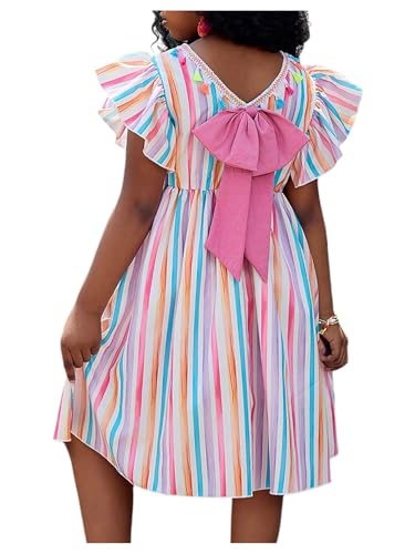 Girl's Striped Cute Dress Bowknot Crew Neck Ruffle Short Sleeve Summer A Line Flowy Dresses