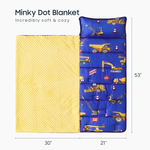 Image of Wake In Cloud - Toddler Nap Mat with Pillow and Minky Fleece Blanket, for Kids Boys Ages 3 Plus in Daycare Preschool Kindergarten, Roll Up Sleeping Bag, Construction Trucks
