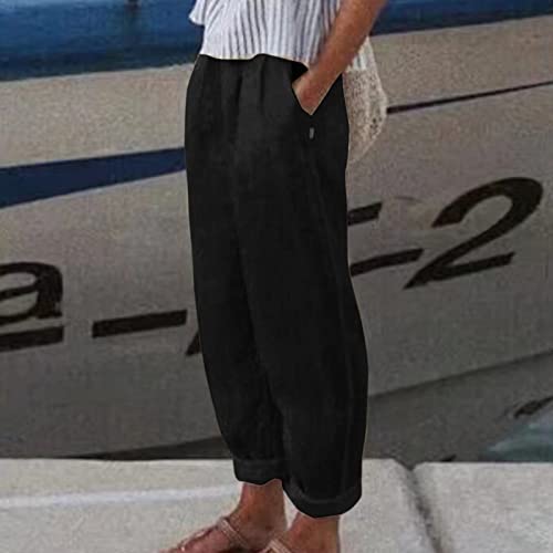 Women's Linen Pants Elastic Waist Straight Leg Summer Casual Pants Solid Color Lightweight Comfort Baggy Trousers with Pocket2
