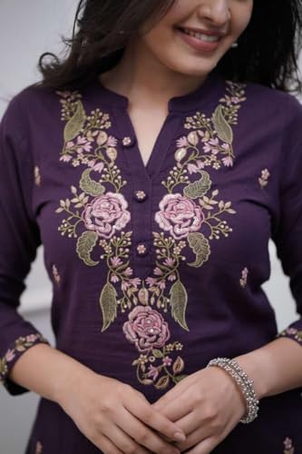 Image of Women's Cotton Embroidery work Straight kurti with Pant & mulmul dupatta set