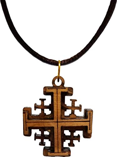 3D Jerusalem Cross, Wooden Cross Necklace for Men & Women, Certified Holy Land Olive Wood Orthodox Pendant Necklace from Bethlehem Israel, Christian & Catholic Religious Keepsake Gift
