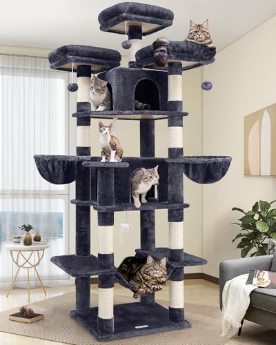 Globlazer Big Cat Tower for Indoor Cats, 80inch Cat Tower for Multiple Adult Cats XXL Cat Tree with Scratching Post, Hammock, 3 Perches, 2 Condos, 2 Hanging Basket, F80, Dark Grey
